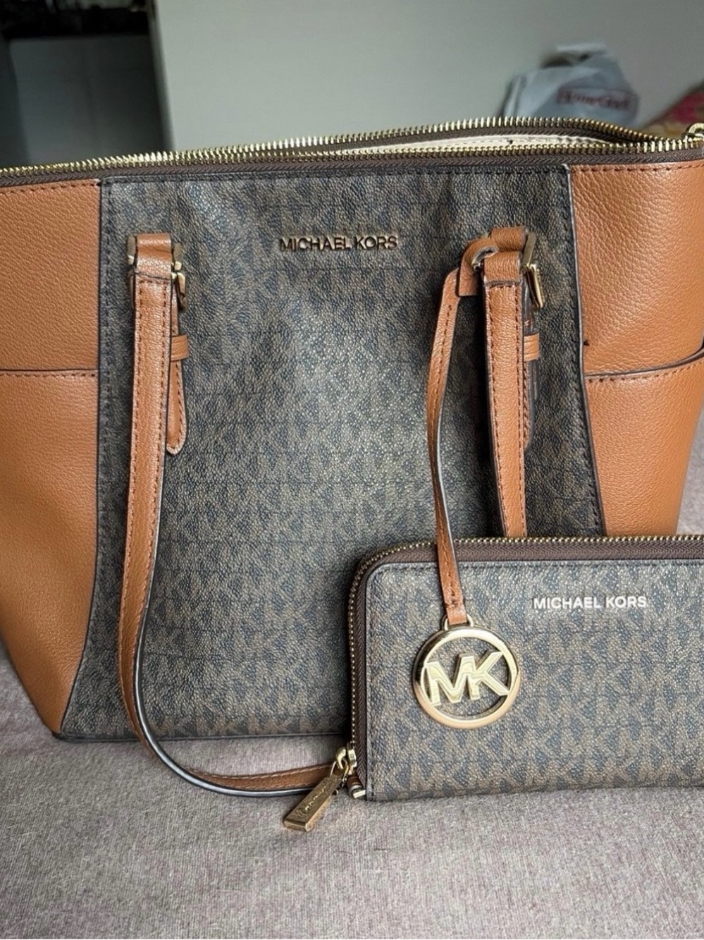 Michael Kors Brown and Tan Signature Tote with Matching Wallet